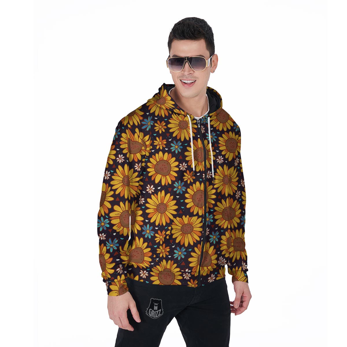 Sunflowr Floral Men's Zip Up Hoodie-grizzshop