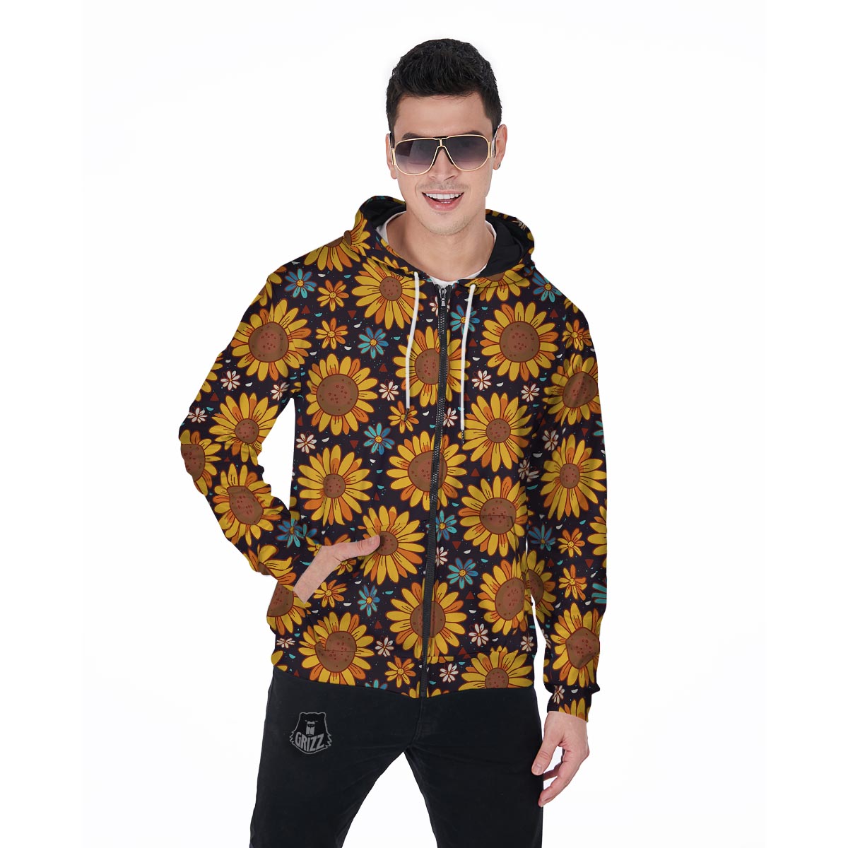 Sunflowr Floral Men's Zip Up Hoodie-grizzshop