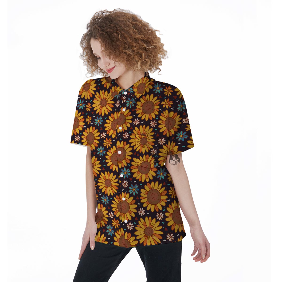 Sunflowr Floral Women's Short Sleeve Shirts-grizzshop
