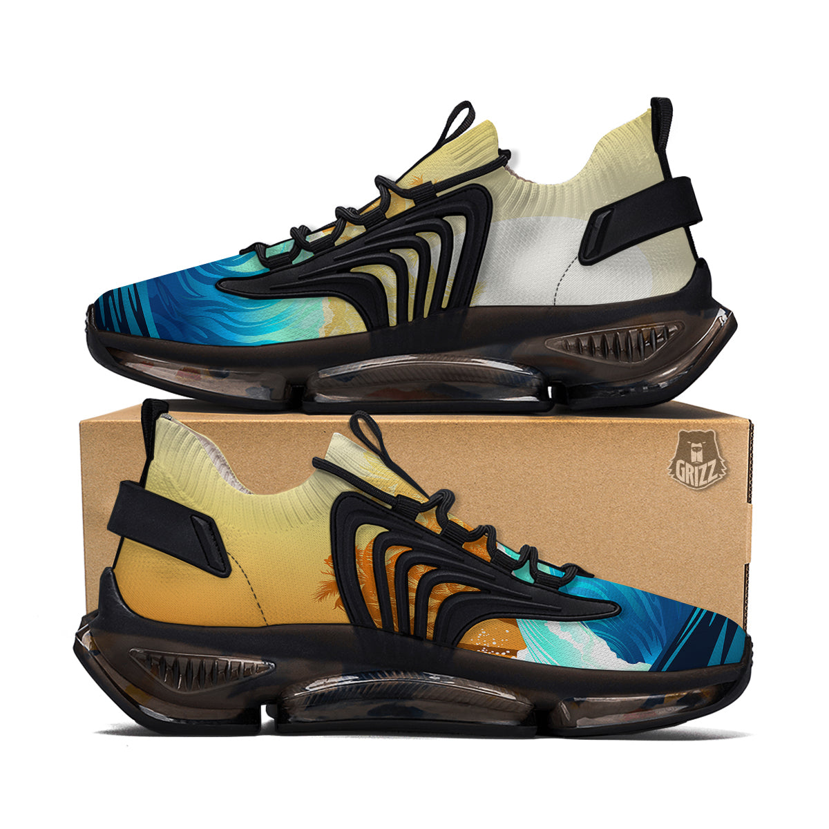 Sunrise Tropical Surfing Wave Print Black Gym Shoes-grizzshop
