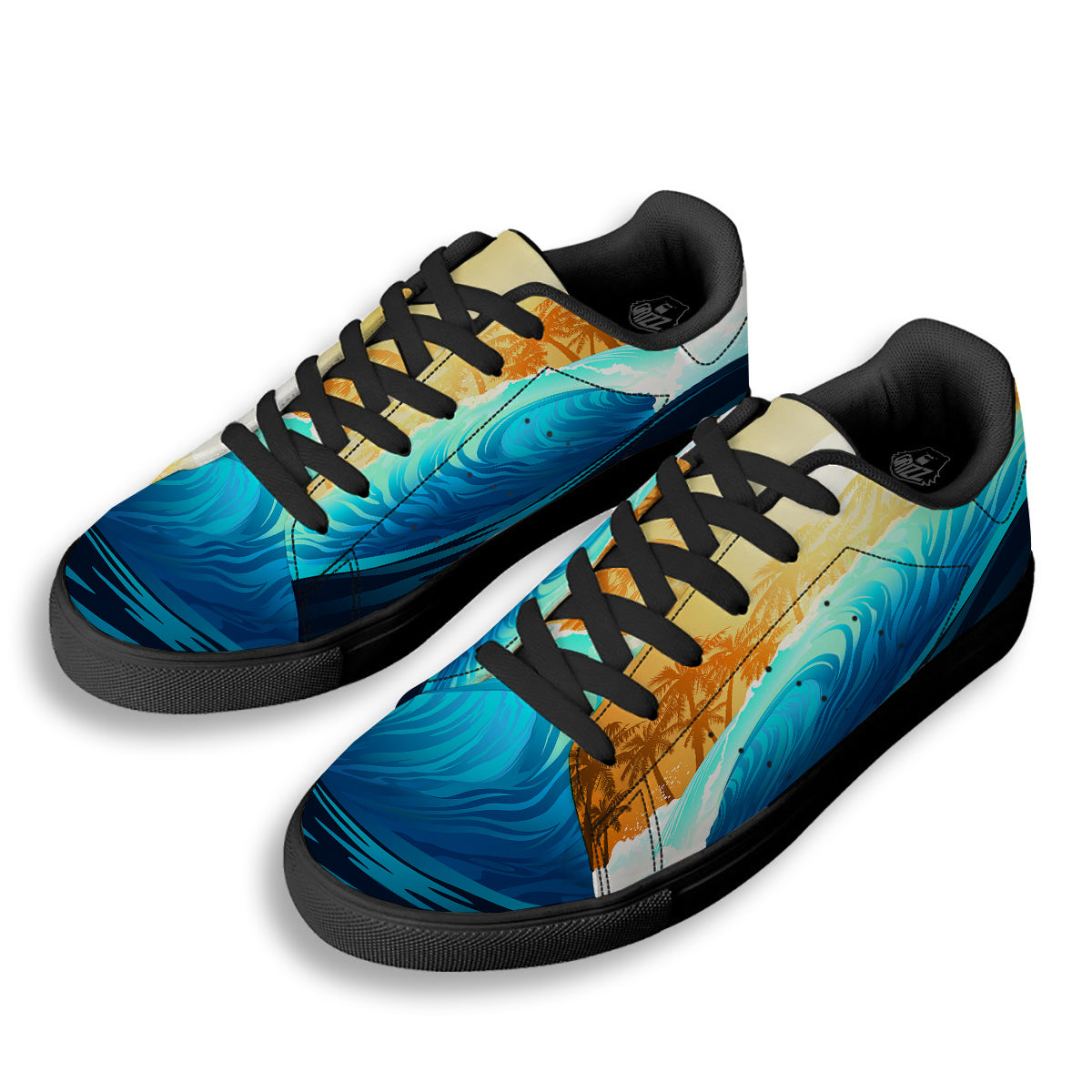 Sunrise Tropical Surfing Wave Print Black Low Top Sneakers-grizzshop