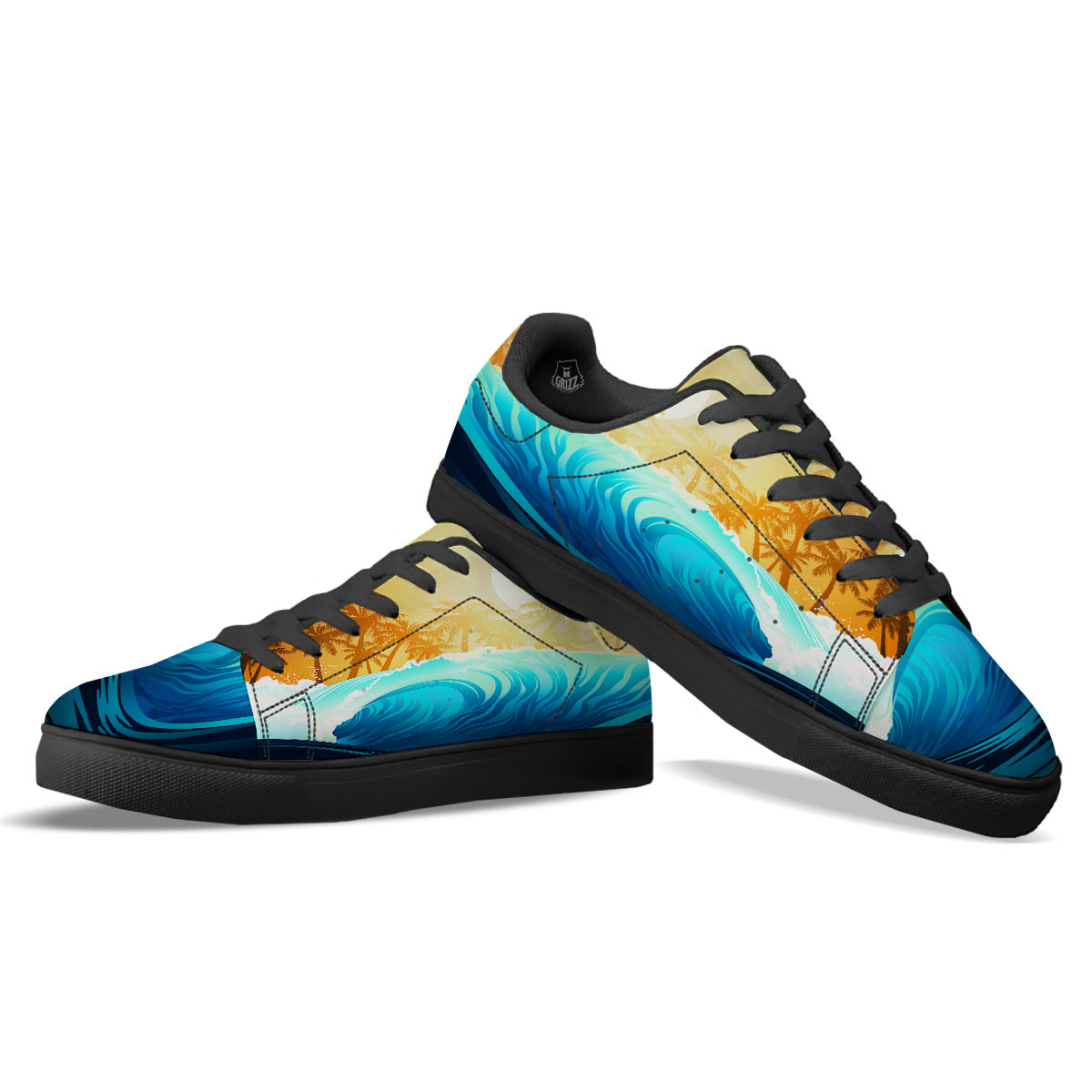 Sunrise Tropical Surfing Wave Print Black Low Top Sneakers-grizzshop