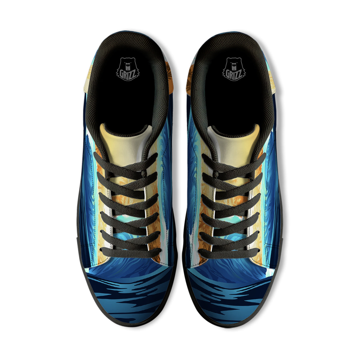Sunrise Tropical Surfing Wave Print Black Low Top Sneakers-grizzshop
