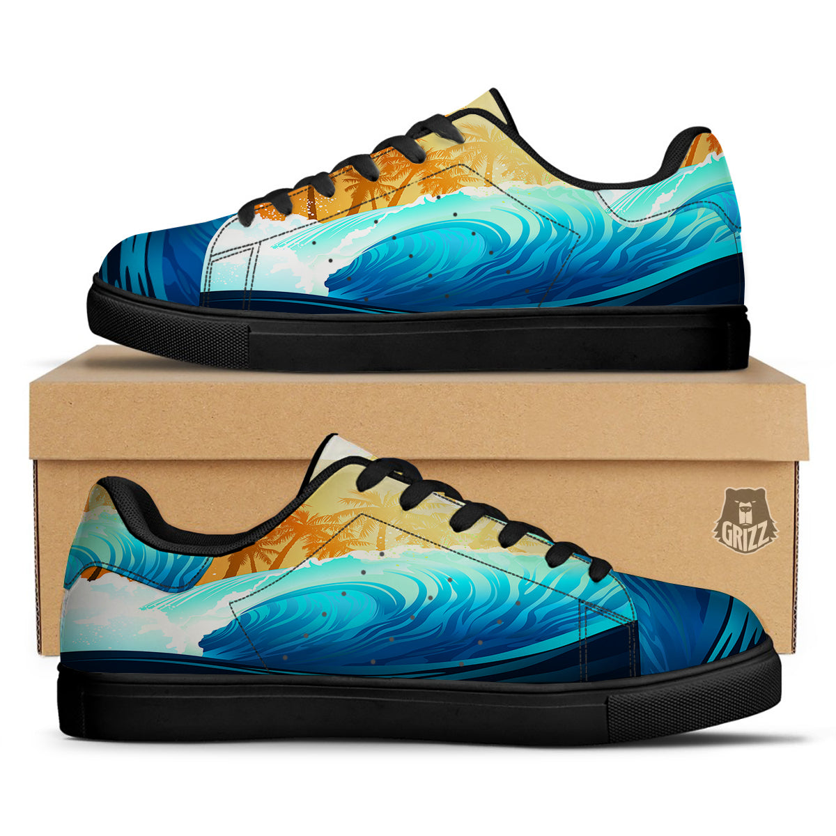 Sunrise Tropical Surfing Wave Print Black Low Top Sneakers-grizzshop