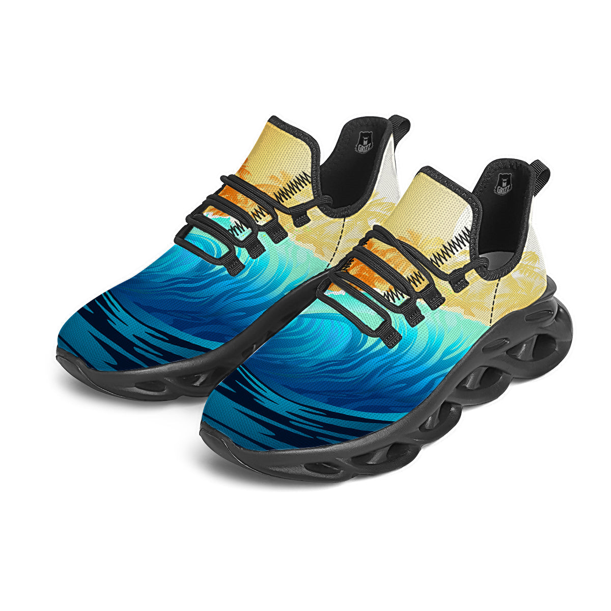 Sunrise Tropical Surfing Wave Print Black Running Shoes-grizzshop