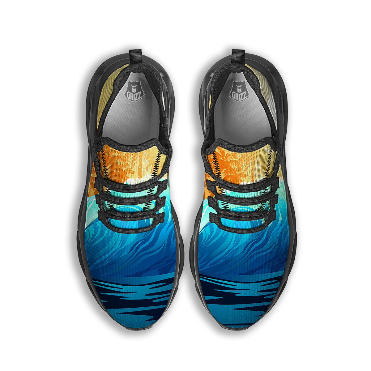 Sunrise Tropical Surfing Wave Print Black Running Shoes-grizzshop