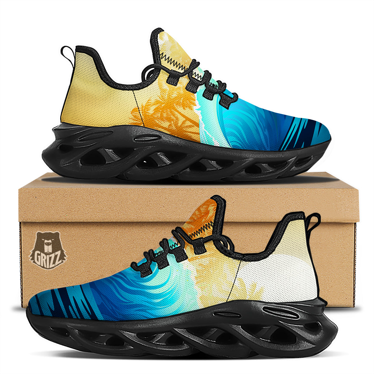 Sunrise Tropical Surfing Wave Print Black Running Shoes-grizzshop