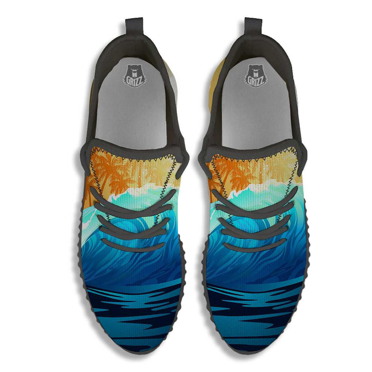 Sunrise Tropical Surfing Wave Print Black Walking Shoes-grizzshop