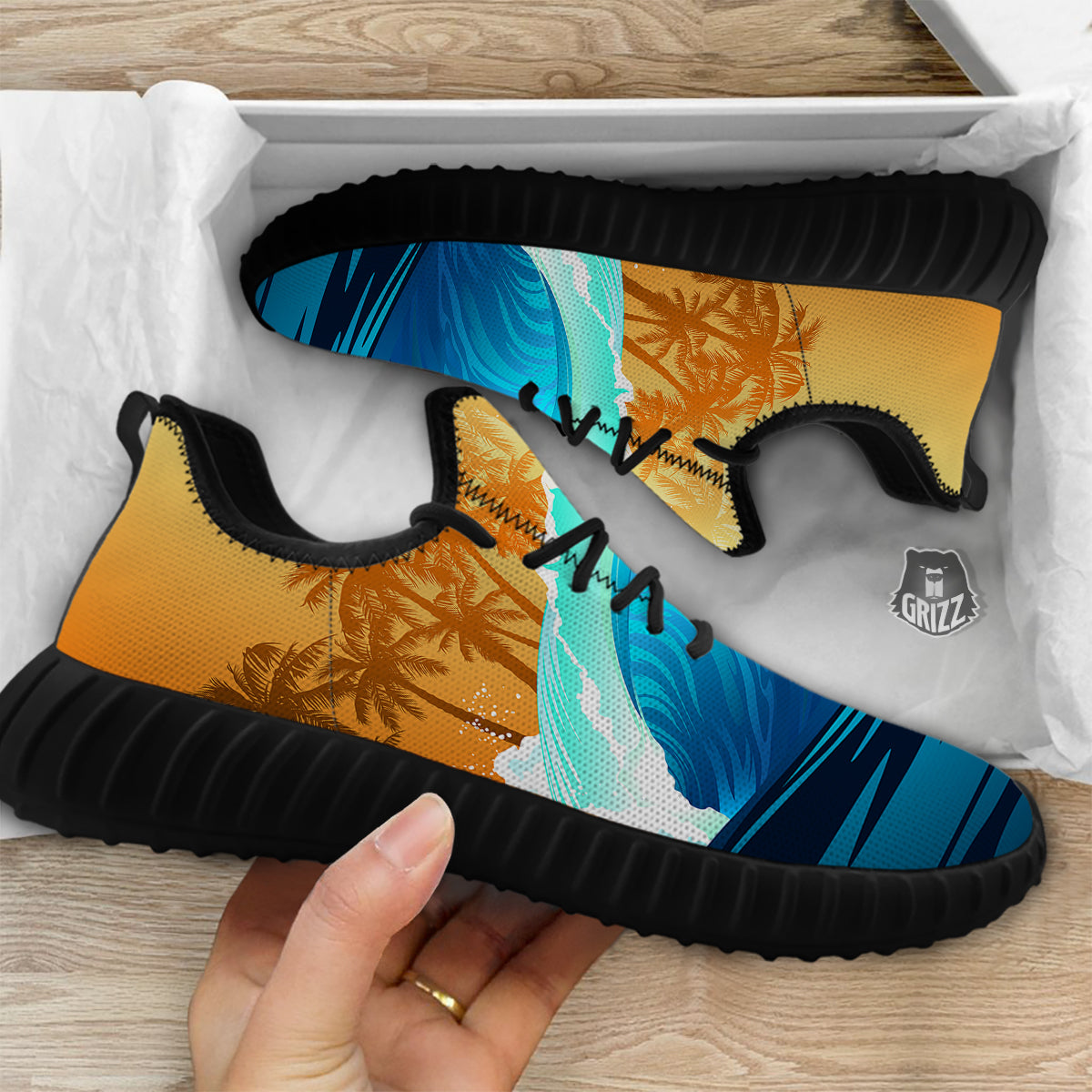 Sunrise Tropical Surfing Wave Print Black Walking Shoes-grizzshop