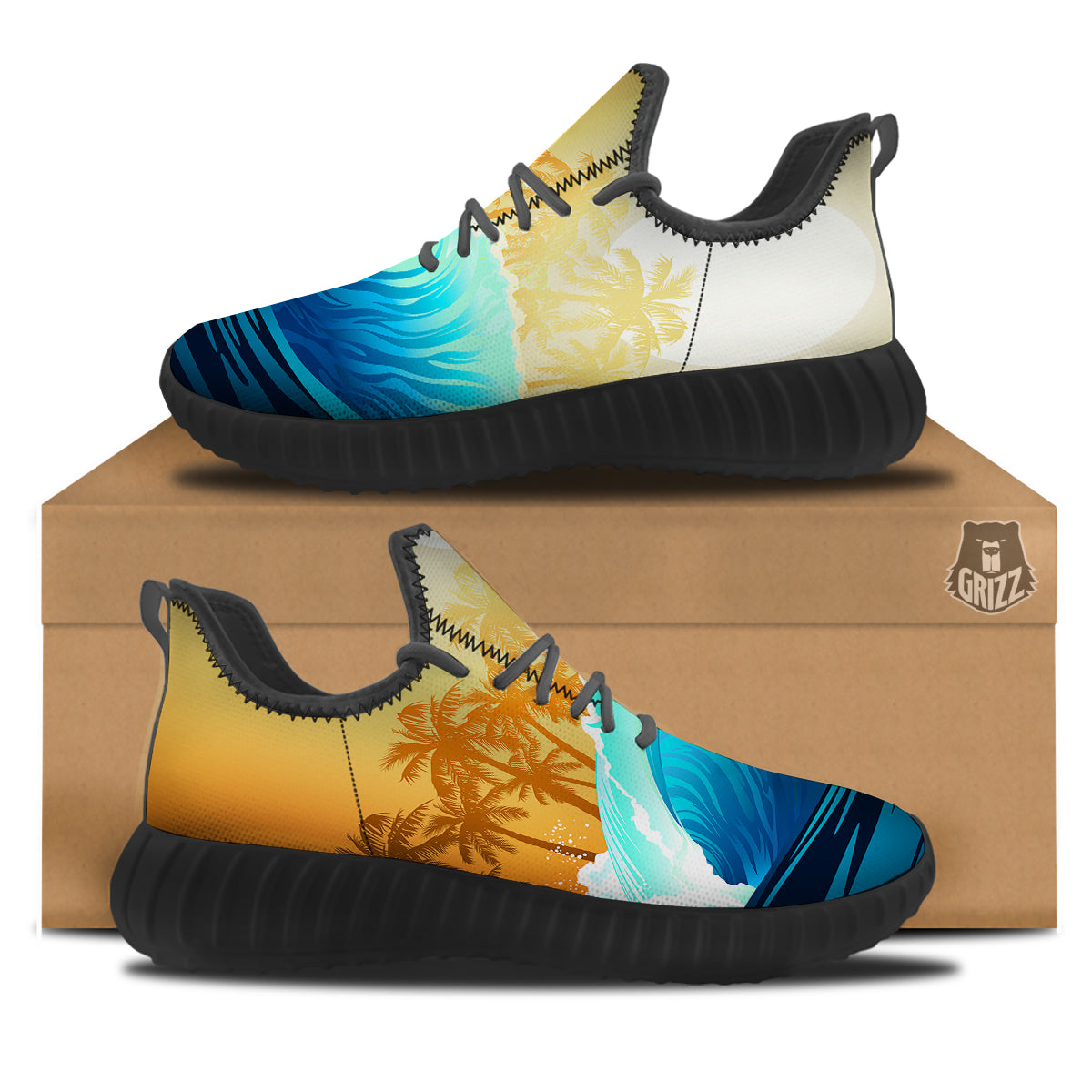 Sunrise Tropical Surfing Wave Print Black Walking Shoes-grizzshop