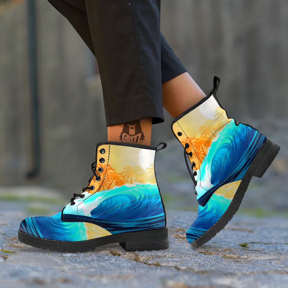 Sunrise Tropical Surfing Wave Print Leather Boots-grizzshop