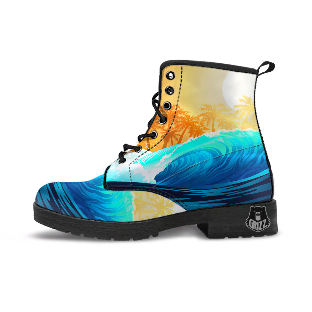 Sunrise Tropical Surfing Wave Print Leather Boots-grizzshop