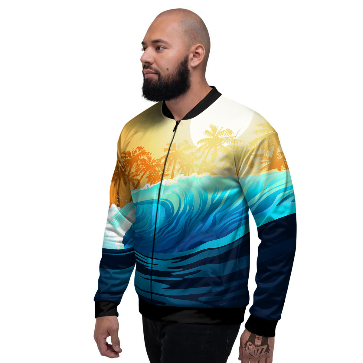 Sunrise Tropical Surfing Wave Print Men's Bomber Jacket-grizzshop