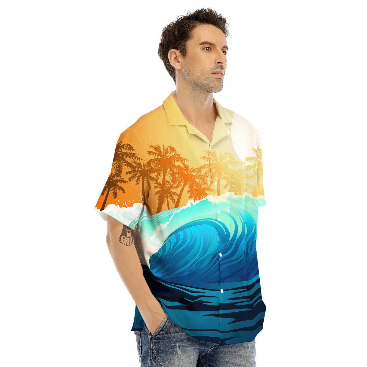 Sunrise Tropical Surfing Wave Print Men's Hawaiian Shirt-grizzshop