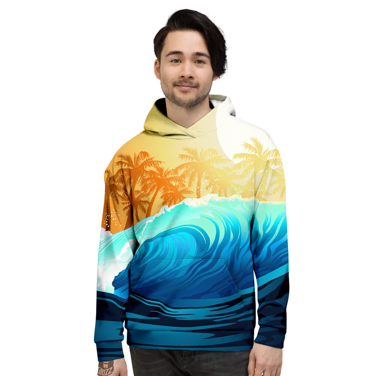 Sunrise Tropical Surfing Wave Print Men's Hoodie-grizzshop