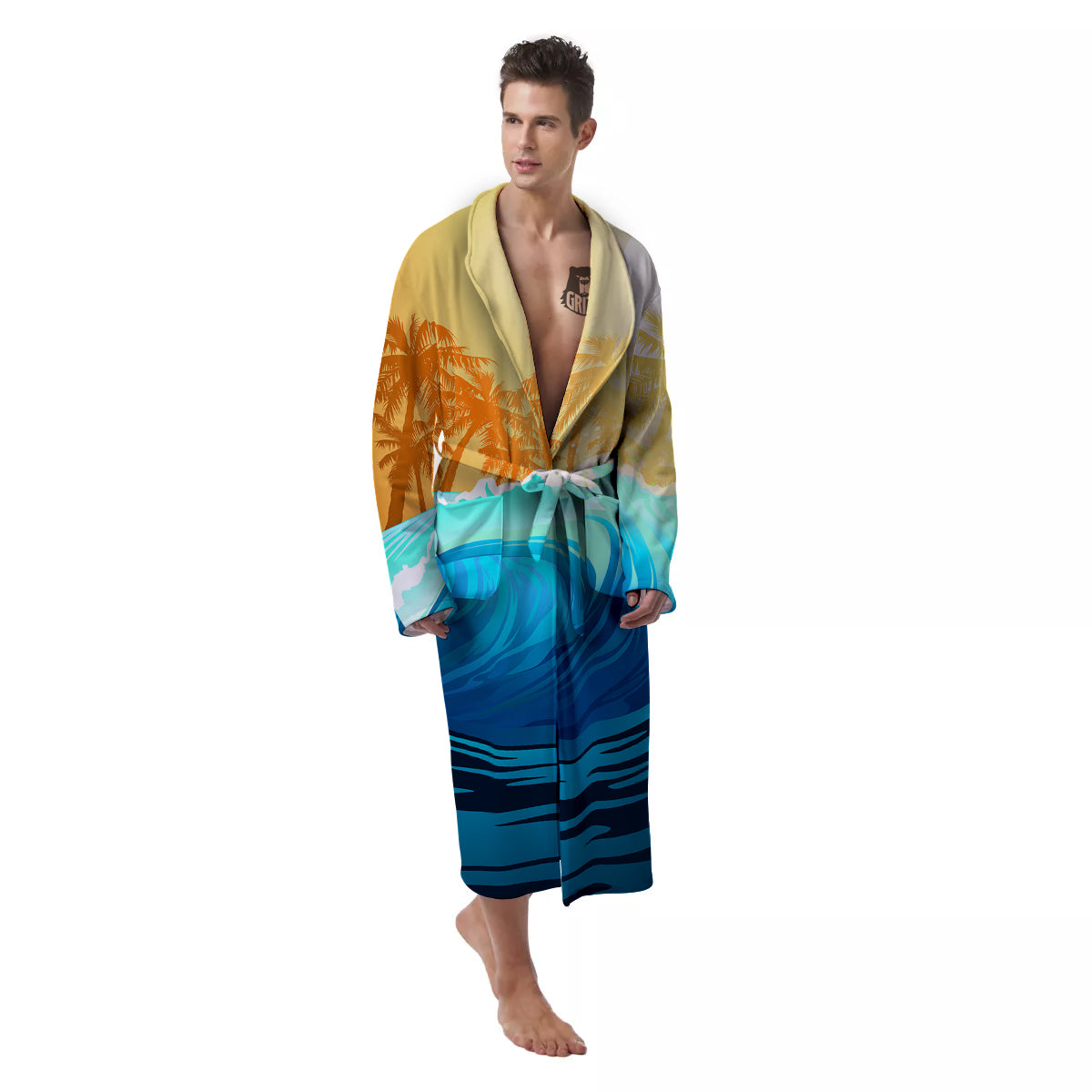 Sunrise Tropical Surfing Wave Print Men's Robe-grizzshop