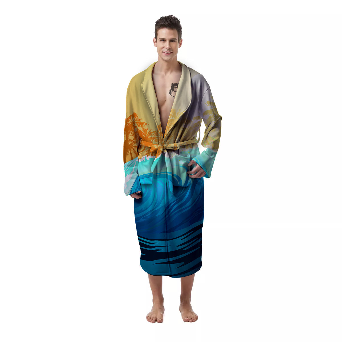 Sunrise Tropical Surfing Wave Print Men's Robe-grizzshop