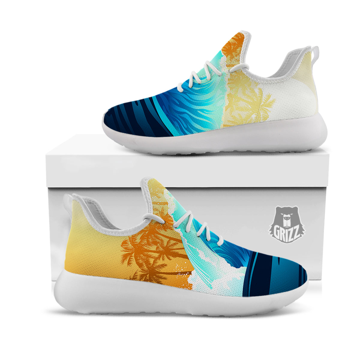 Sunrise Tropical Surfing Wave Print White Athletic Shoes-grizzshop