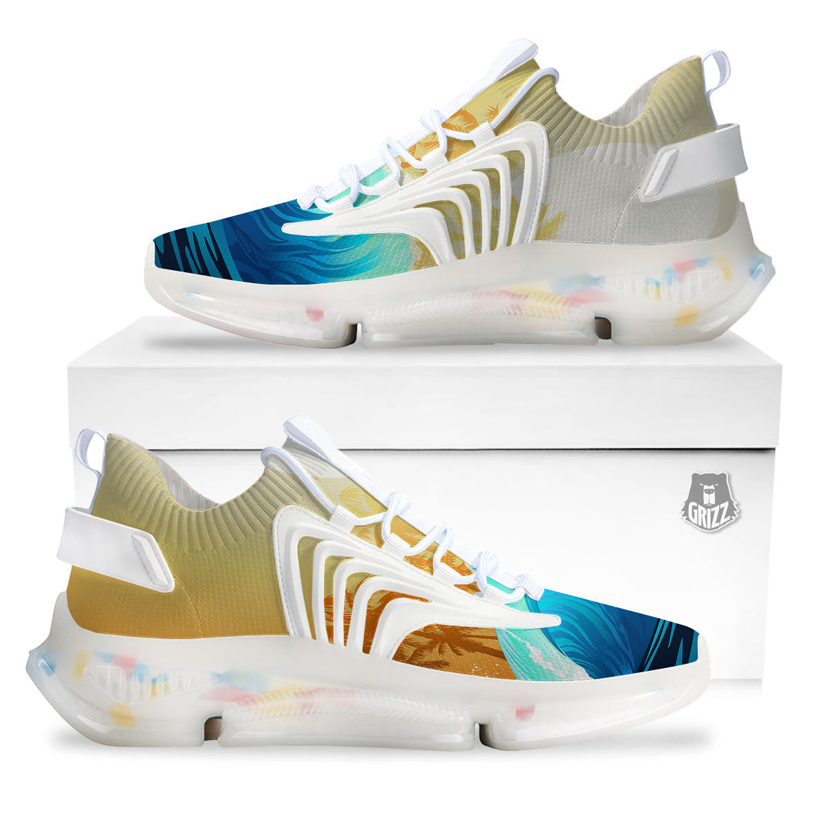 Sunrise Tropical Surfing Wave Print White Gym Shoes-grizzshop