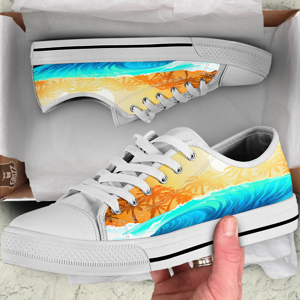 Sunrise Tropical Surfing Wave Print White Low Top Shoes-grizzshop