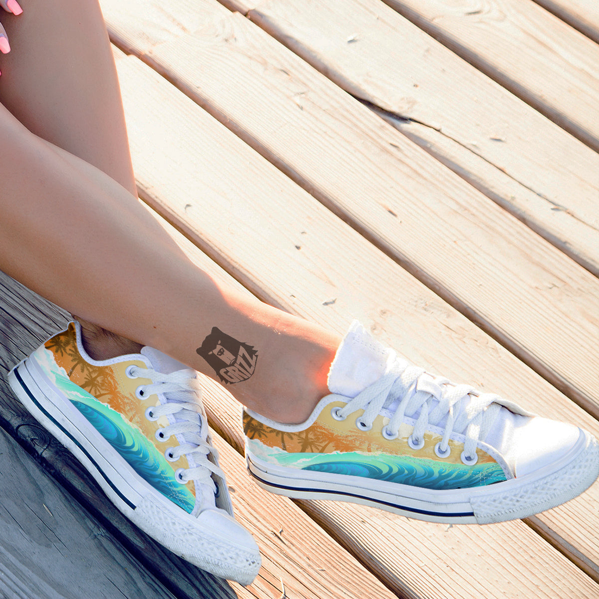 Sunrise Tropical Surfing Wave Print White Low Top Shoes-grizzshop