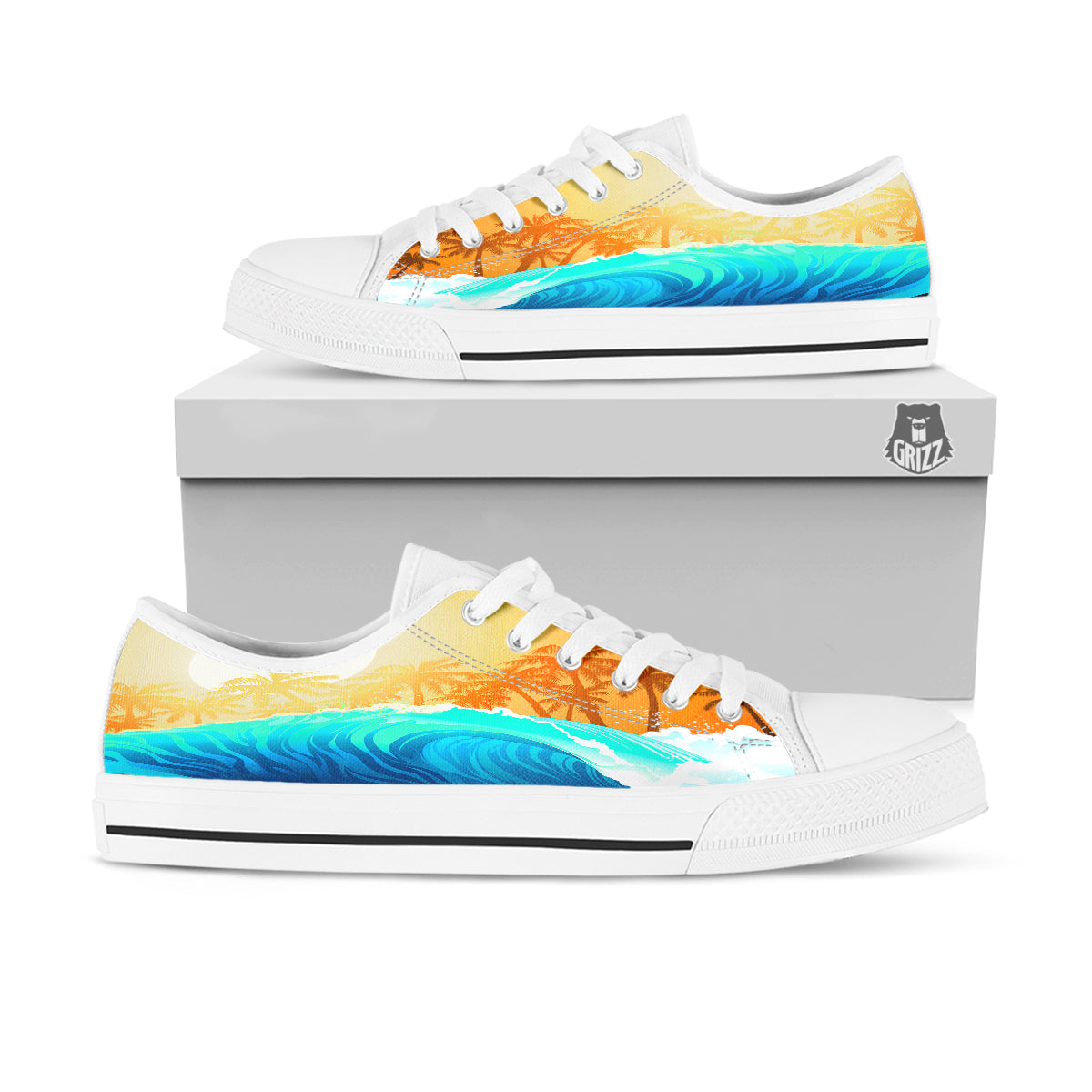 Sunrise Tropical Surfing Wave Print White Low Top Shoes-grizzshop