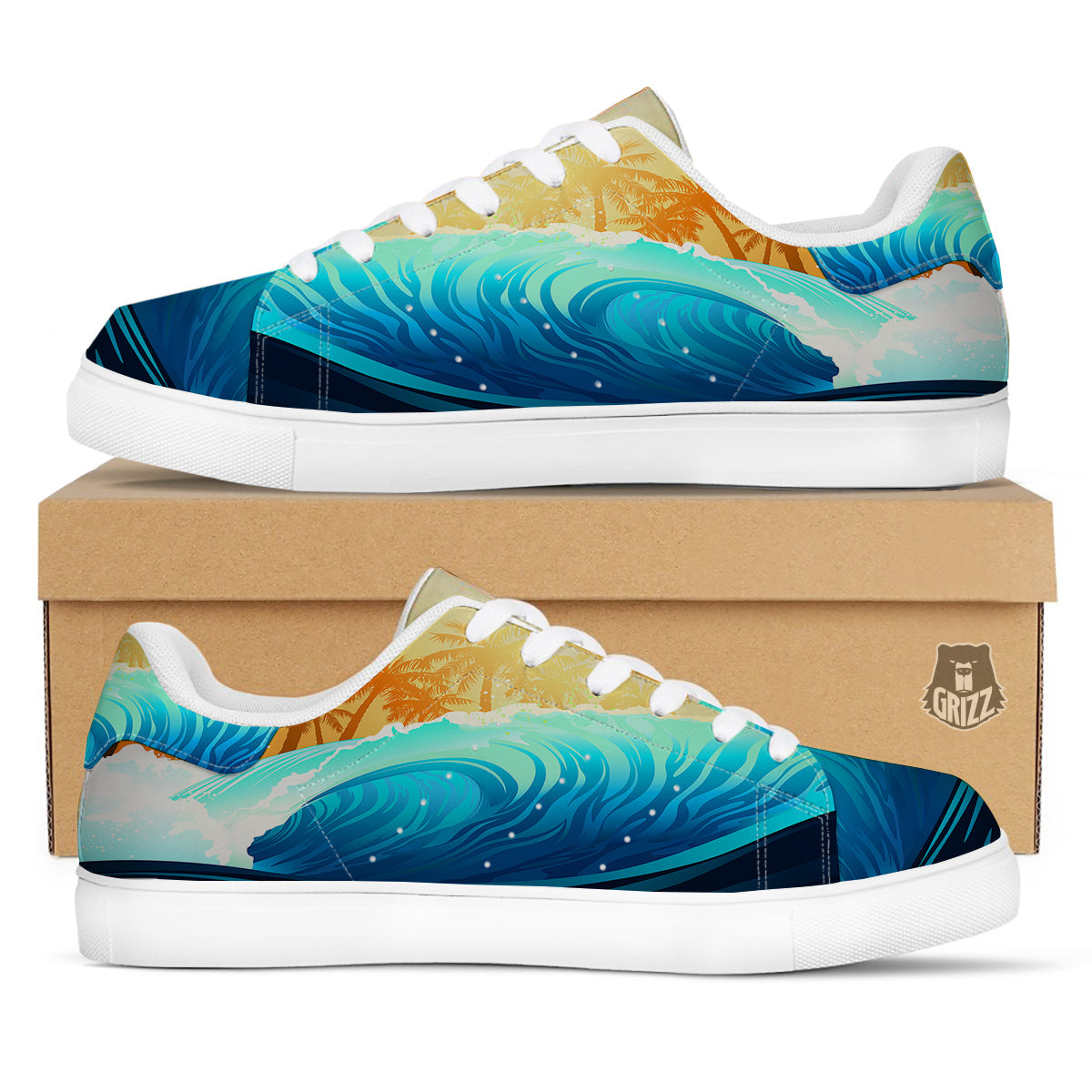 Sunrise Tropical Surfing Wave Print White Low Top Sneakers-grizzshop