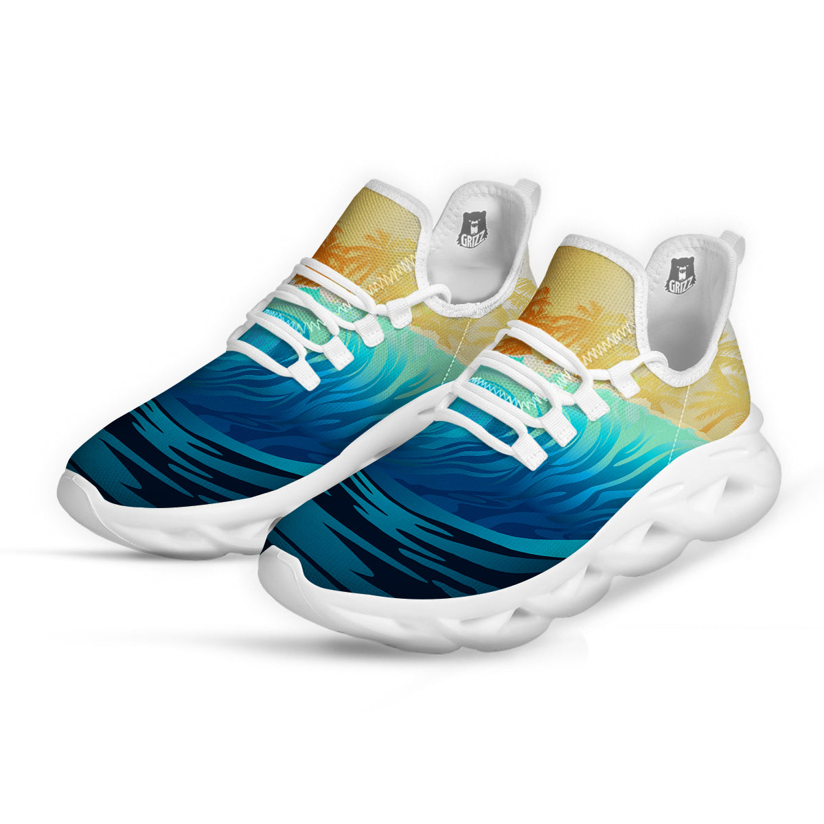Sunrise Tropical Surfing Wave Print White Running Shoes-grizzshop