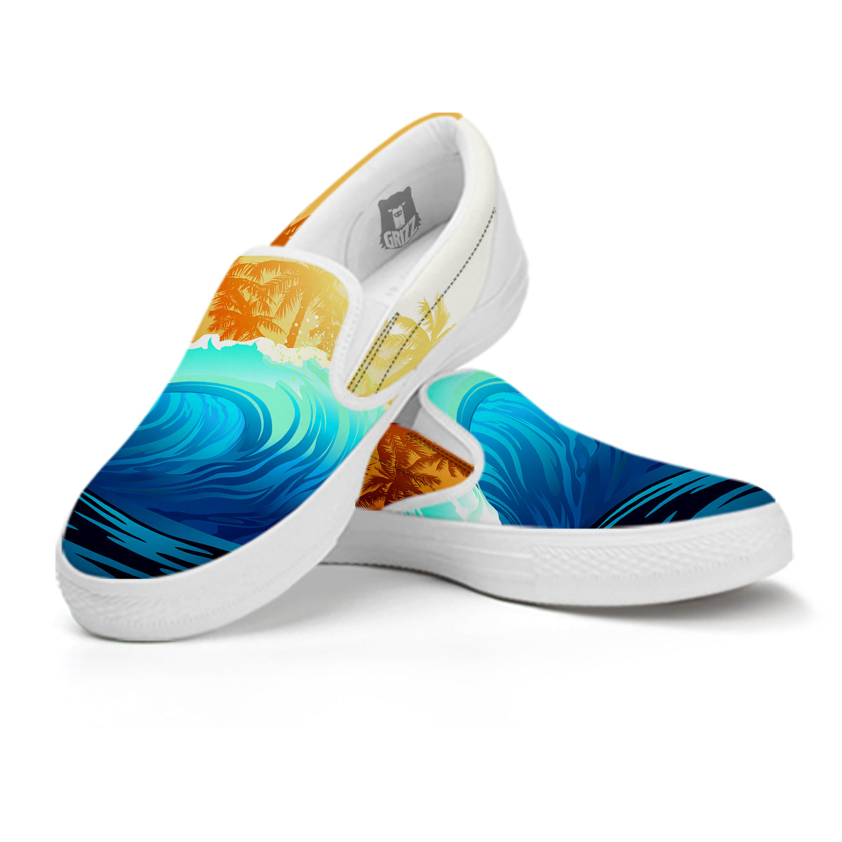 Sunrise Tropical Surfing Wave Print White Slip On Shoes-grizzshop