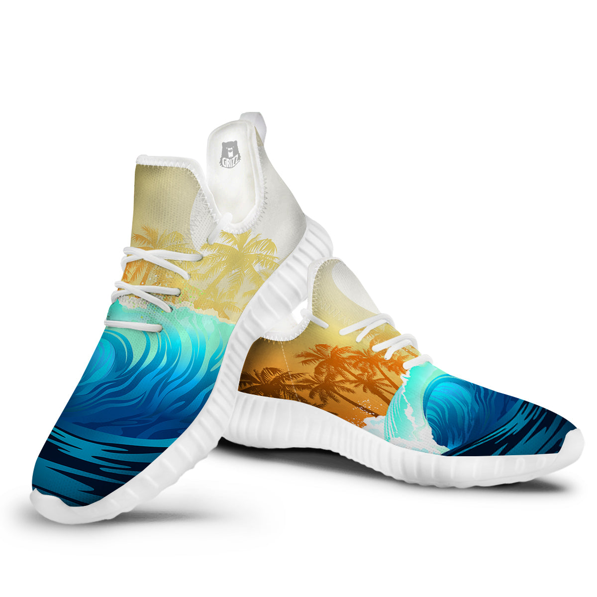 Sunrise Tropical Surfing Wave Print White Walking Shoes-grizzshop