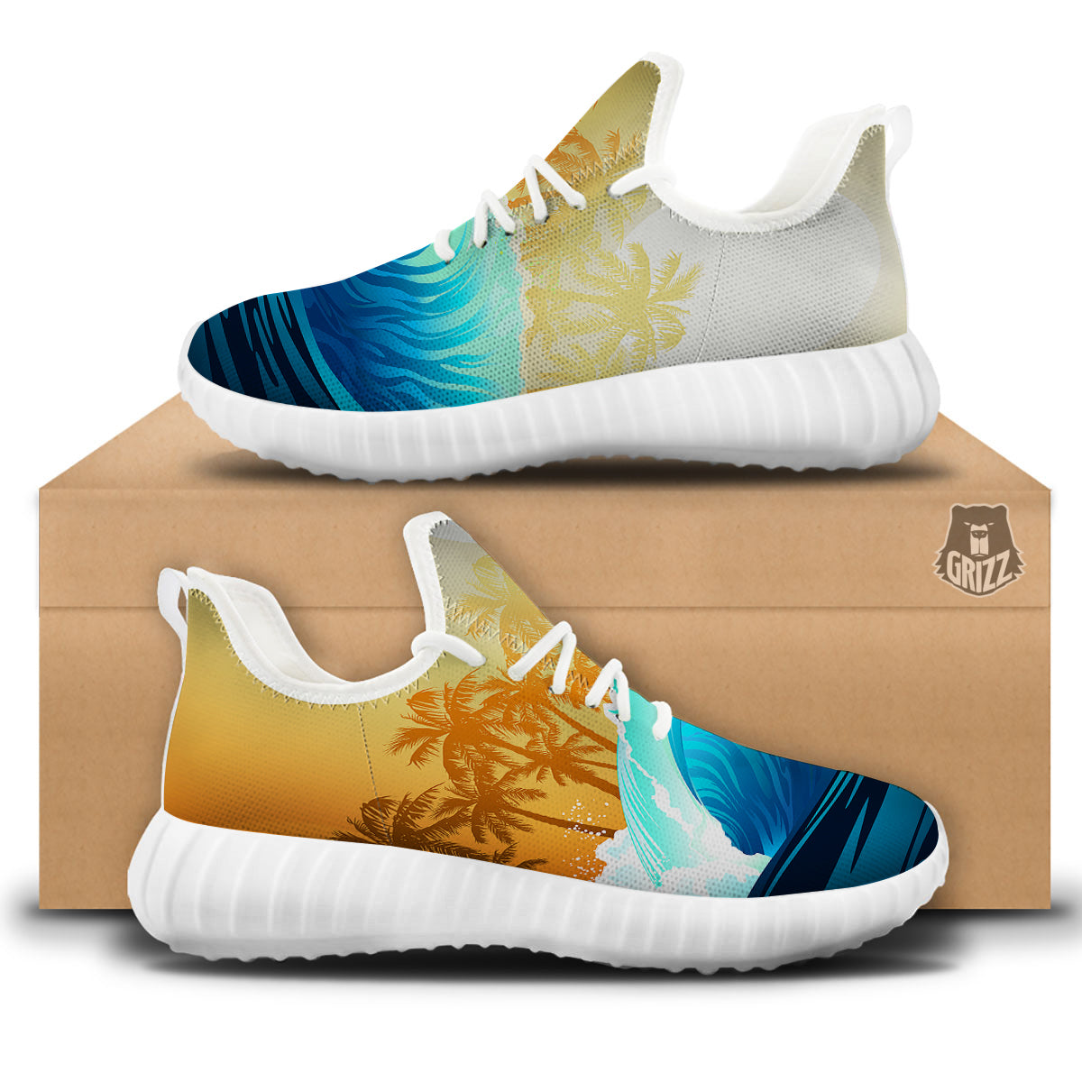 Sunrise Tropical Surfing Wave Print White Walking Shoes-grizzshop