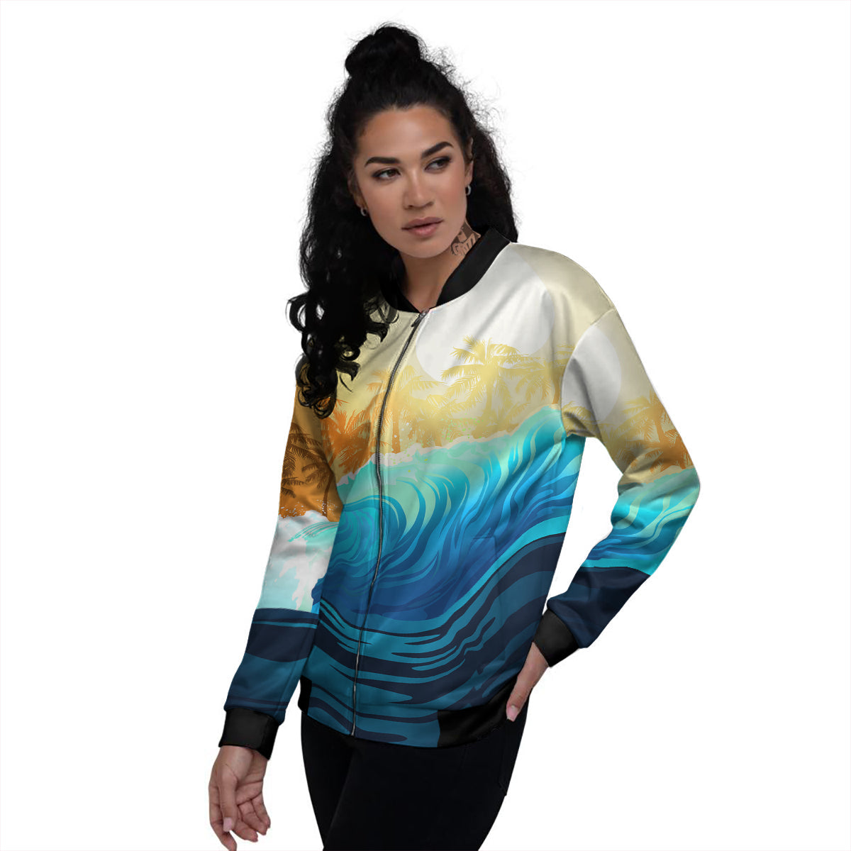 Sunrise Tropical Surfing Wave Print Women's Bomber Jacket-grizzshop