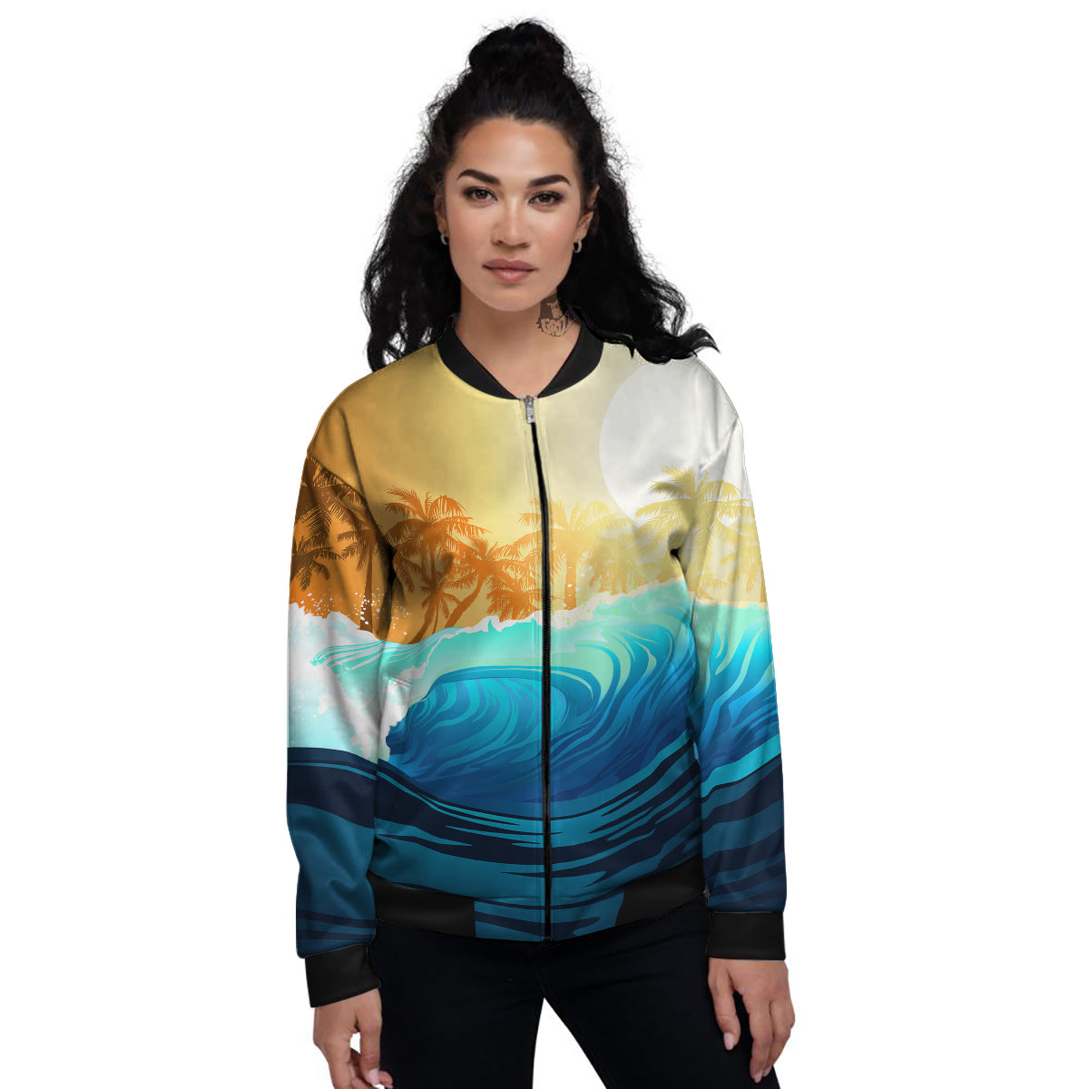 Sunrise Tropical Surfing Wave Print Women's Bomber Jacket-grizzshop