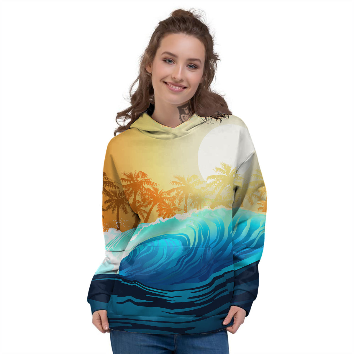 Sunrise Tropical Surfing Wave Print Women's Hoodie-grizzshop