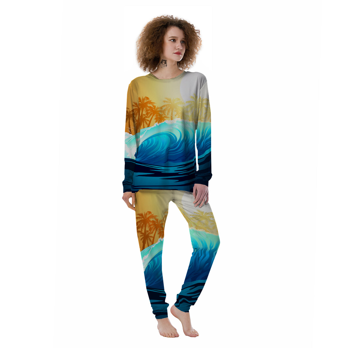 Sunrise Tropical Surfing Wave Print Women's Pajamas-grizzshop