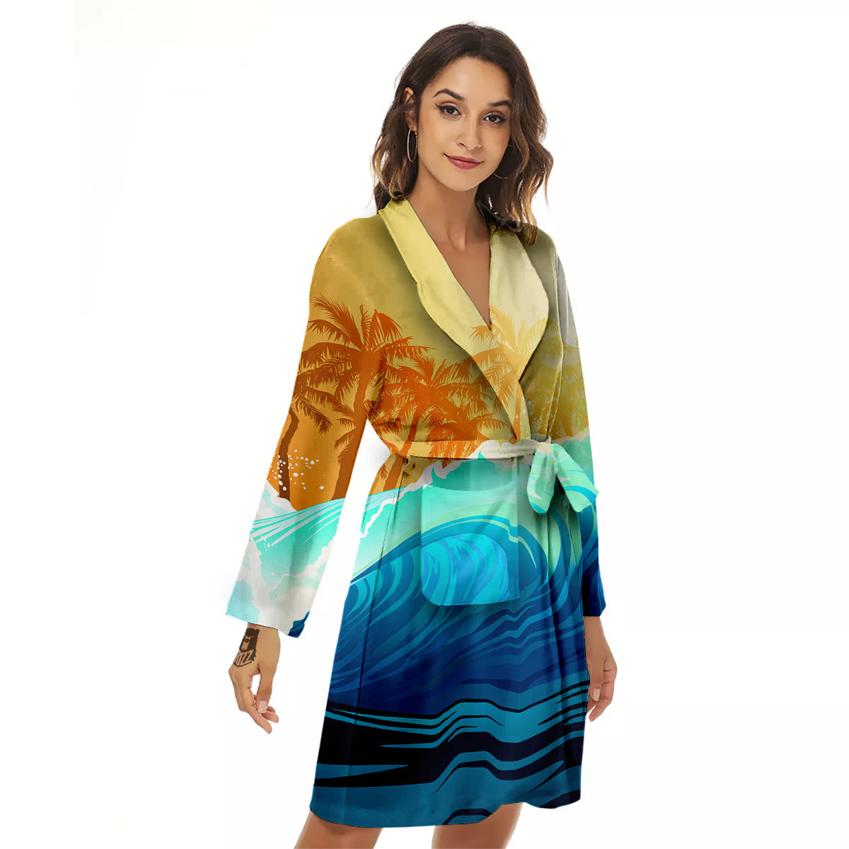 Sunrise Tropical Surfing Wave Print Women's Robe-grizzshop