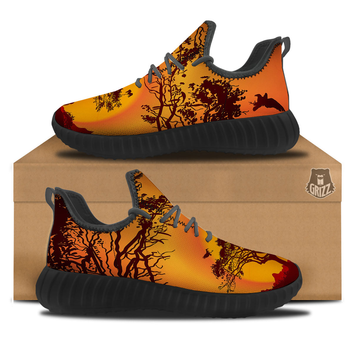 Sunset African Savanna Print Black Walking Shoes-grizzshop