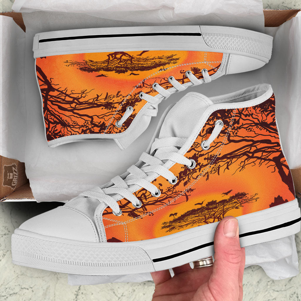 Sunset African Savanna Print White High Top Shoes-grizzshop