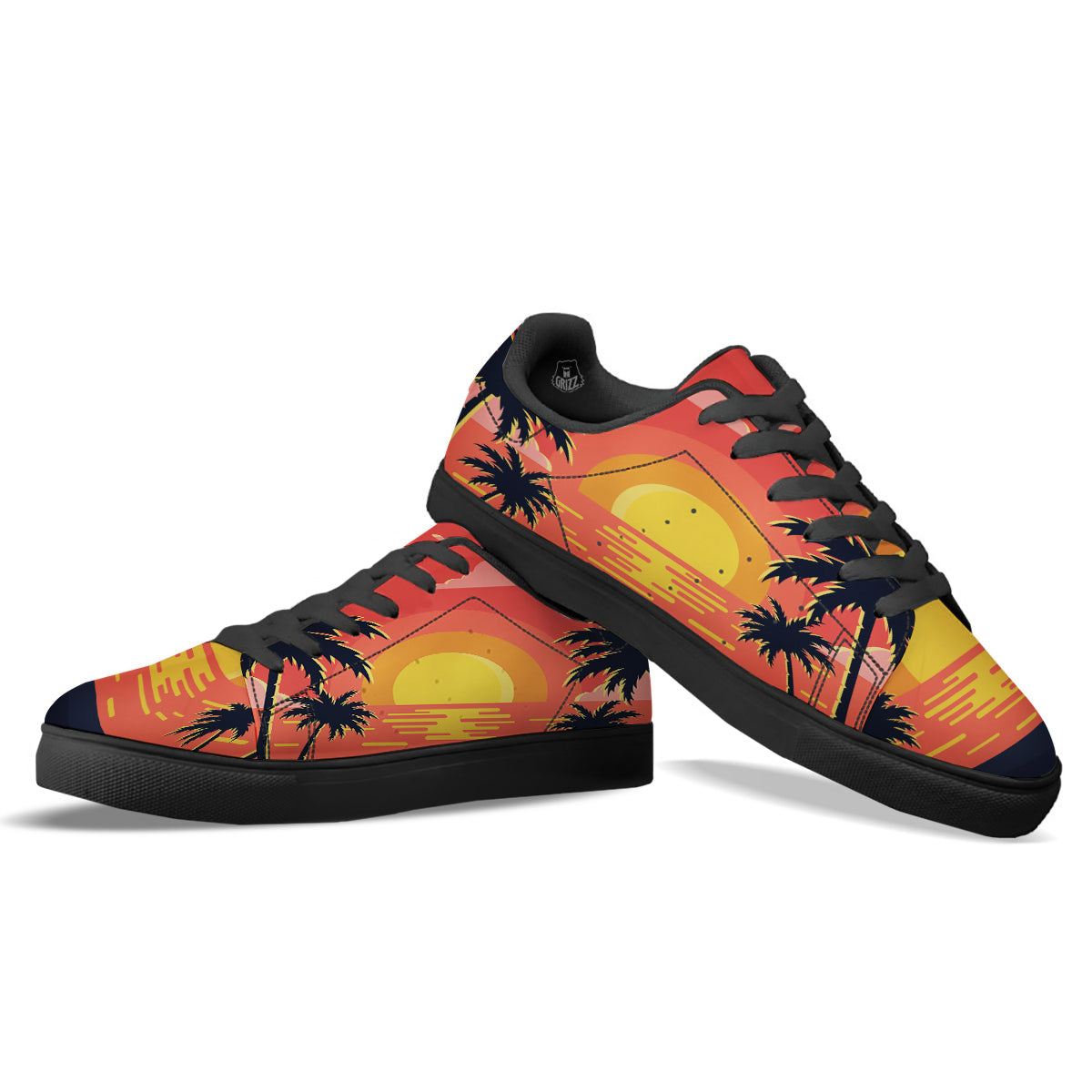 Sunset And Beach Pink Sky Print Black Low Top Sneakers-grizzshop