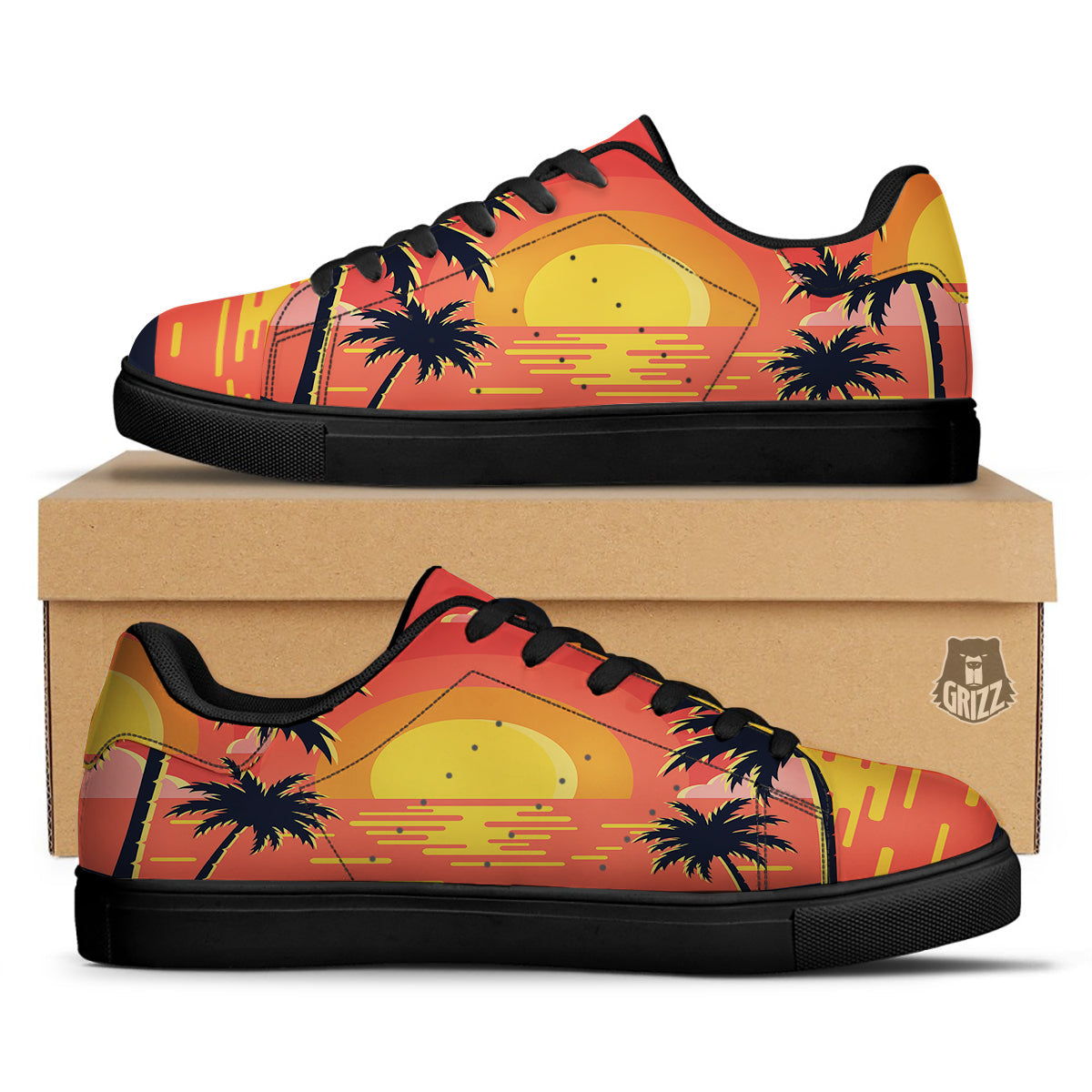 Sunset And Beach Pink Sky Print Black Low Top Sneakers-grizzshop