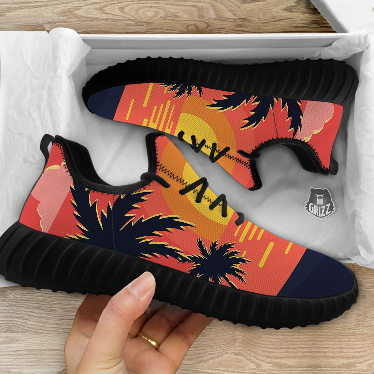 Sunset And Beach Pink Sky Print Black Walking Shoes-grizzshop