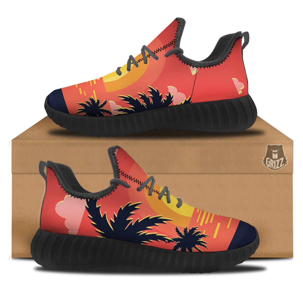Sunset And Beach Pink Sky Print Black Walking Shoes-grizzshop