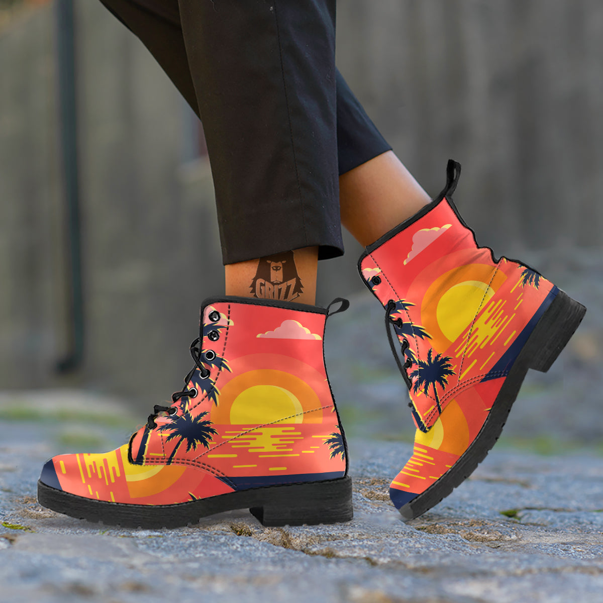Sunset And Beach Pink Sky Print Leather Boots-grizzshop