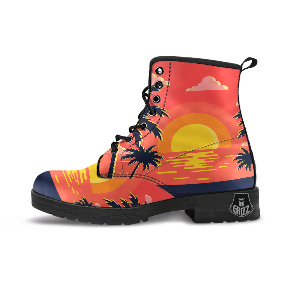 Sunset And Beach Pink Sky Print Leather Boots-grizzshop