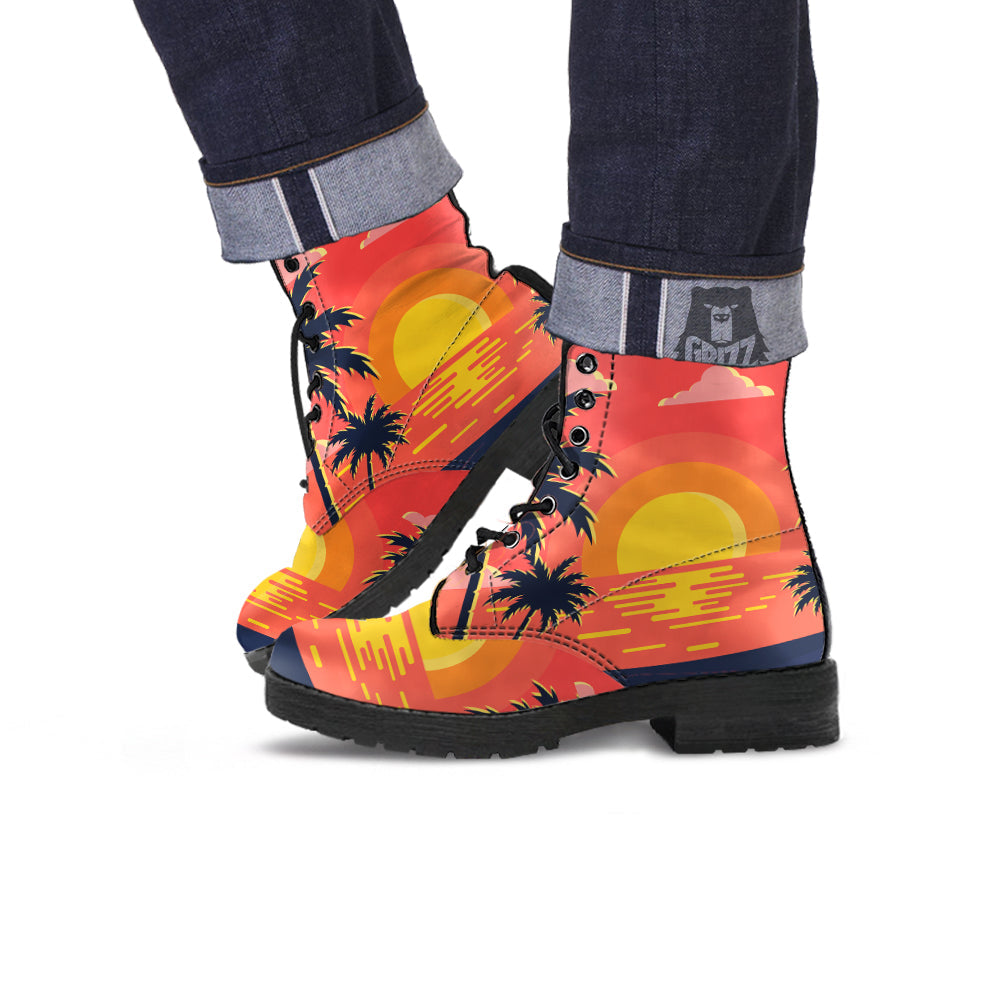 Sunset And Beach Pink Sky Print Leather Boots-grizzshop