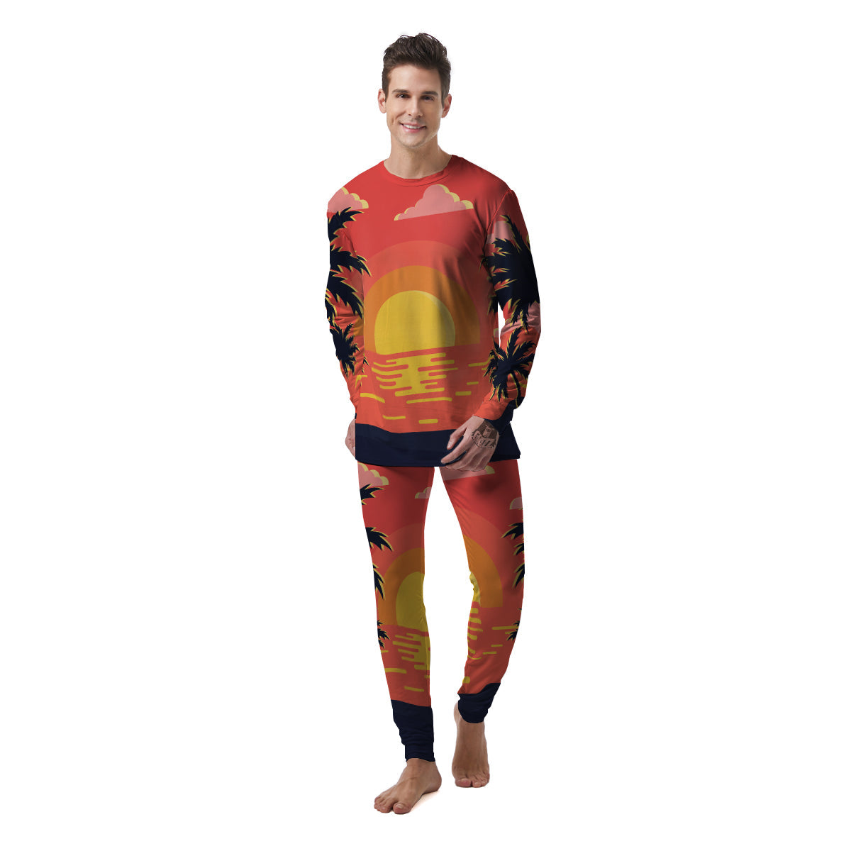 Sunset And Beach Pink Sky Print Men's Pajamas-grizzshop