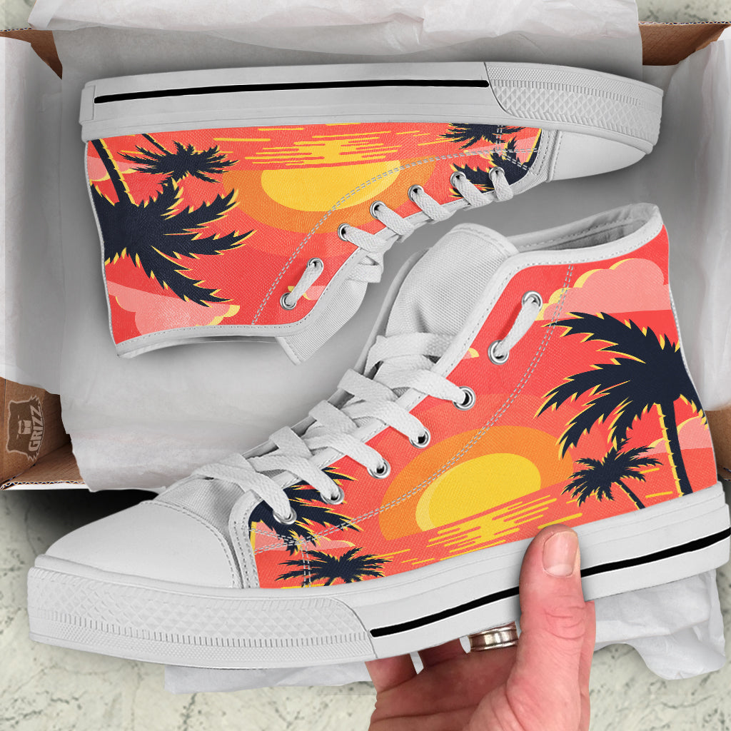 Sunset And Beach Pink Sky Print White High Top Shoes-grizzshop