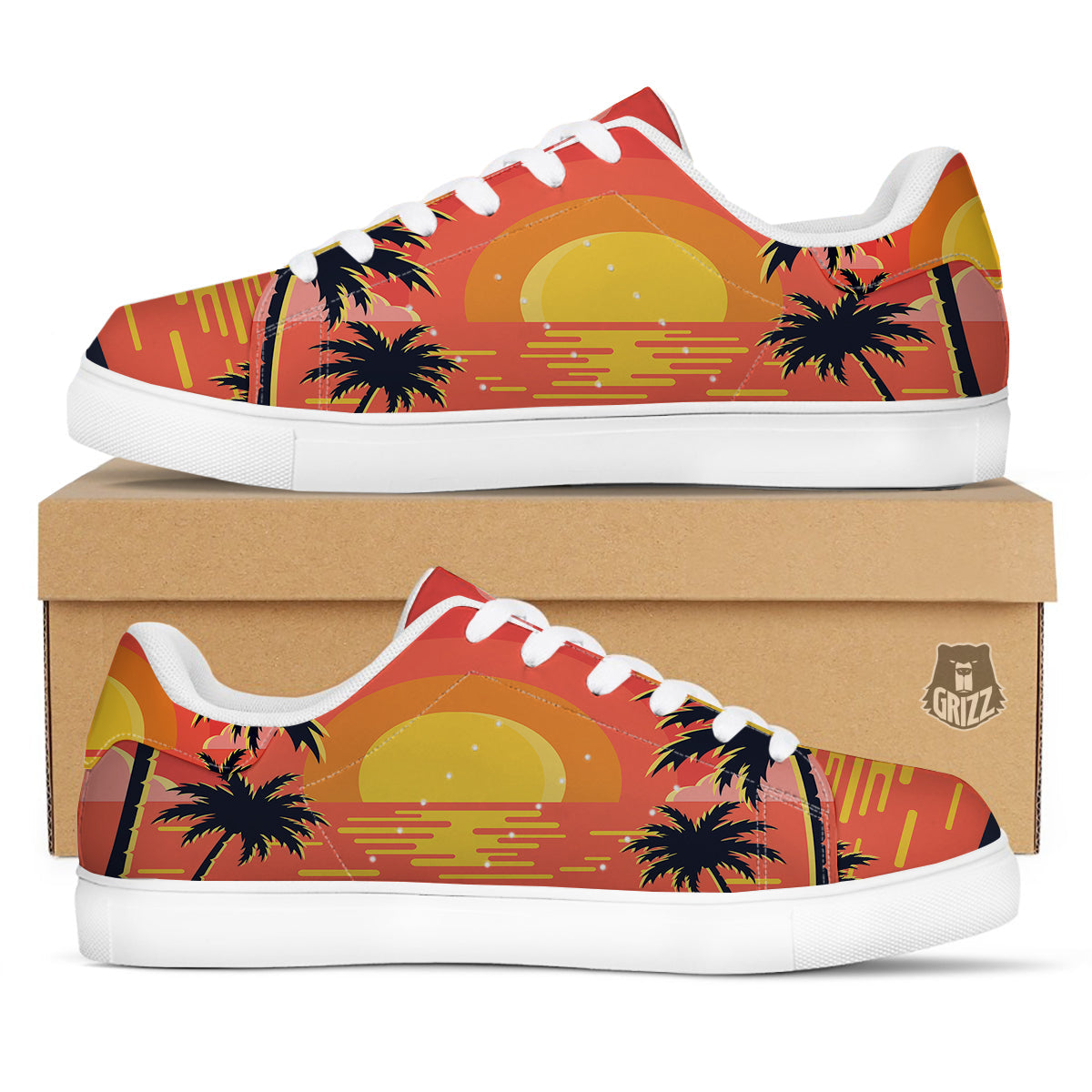 Sunset And Beach Pink Sky Print White Low Top Sneakers-grizzshop