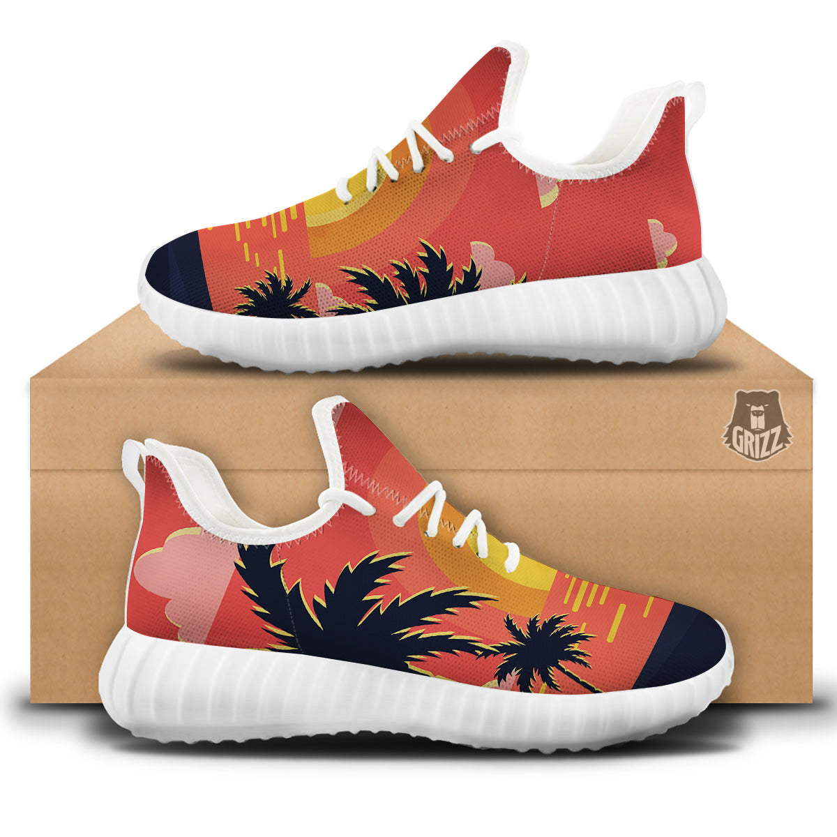 Sunset And Beach Pink Sky Print White Walking Shoes-grizzshop