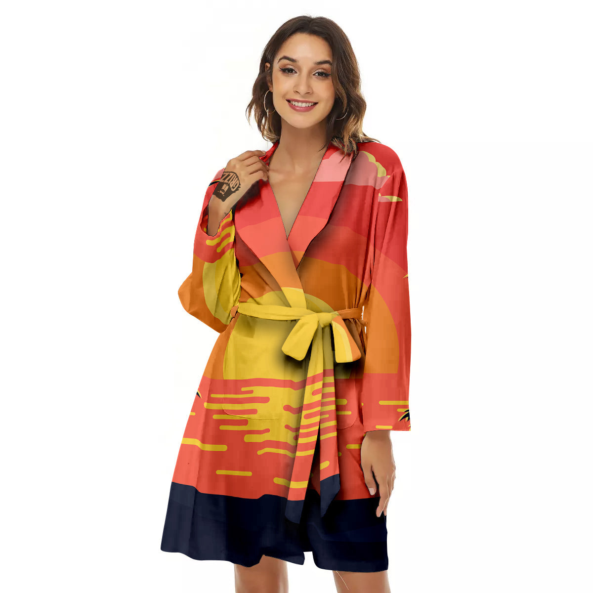 Sunset And Beach Pink Sky Print Women's Robe-grizzshop